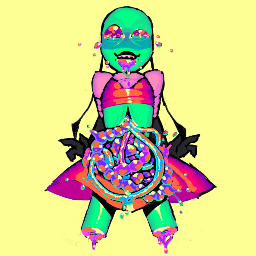 3_fingers alien alien_humanoid antennae_(anatomy) bald blood blue_blush blush bodily_fluids bottomwear candy_gore clothed clothing crop_top crying dismemberment dreamscreep fingers fully_clothed glistening glistening_body glistening_clothing glistening_eyes glistening_skin gloves gore green_body green_skin guts handwear hi_res humanoid invader_zim irken male neon nickelodeon organs pink_eyes shaded shirt simple_background skirt smile solo tears topwear vomiting_blood zim