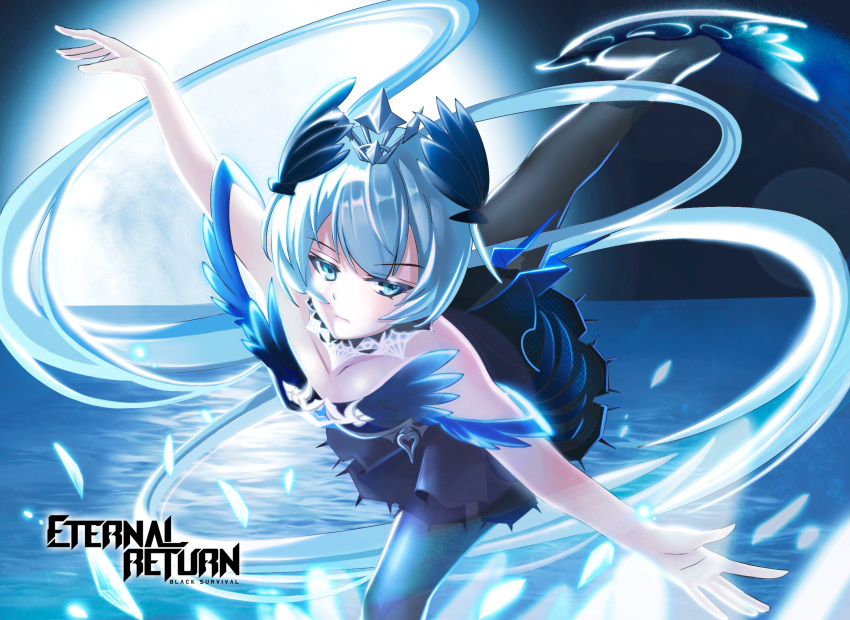 1girl a_unir black_dress black_survival blue_eyes breasts collarbone copyright_name dress elena_(black_survival) eternal_return:_black_survival figure_skating figure_skating_dress full_moon highres long_hair moon official_alternate_costume skates small_breasts solo tagme twintails very_long_hair white_hair
