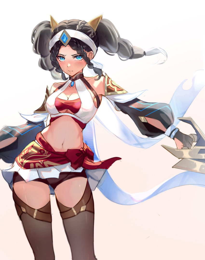 1girl blue_eyes blush braid breasts brown_hair cleavage closed_mouth crop_top eremite_desert_clearwater_(genshin_impact) fingerless_gloves genshin_impact gloves highres holding holding_weapon long_sleeves midriff mihan77108047 navel puffy_long_sleeves puffy_sleeves short_twintails shorts simple_background skirt solo strapless thighhighs tube_top twin_braids twintails weapon white_background white_skirt