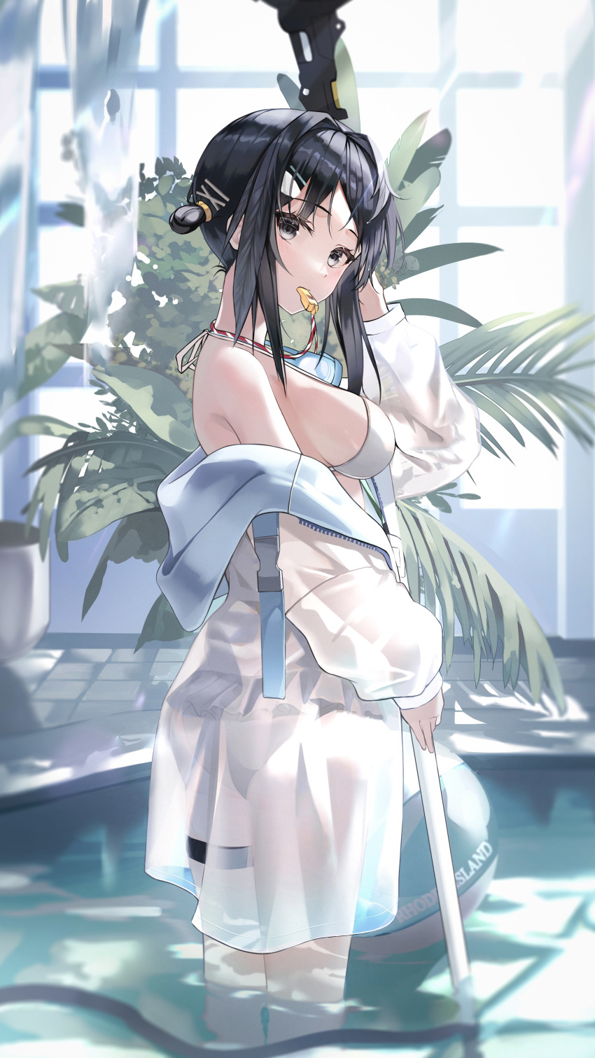 1girl absurdres arknights ball bangs beachball bikini black_hair breasts day feather_hair goggles goggles_around_neck grey_eyes hair_ornament hairclip highres id_card jacket la_pluma_(arknights) la_pluma_(summer_flowers)_(arknights) lanyard long_sleeves medium_breasts mouth_hold off_shoulder official_alternate_costume open_clothes open_jacket partially_submerged pool see-through short_hair sideboob sion_(im10042m) solo sunlight swimsuit thigh_strap water whistle white_bikini wing_hair_ornament