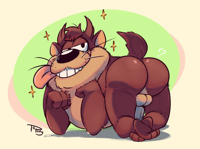 anthro balls bent_over big_tongue butt dasyurid dasyuromorph fur genitals hi_res looney_tunes male mammal marsupial penis presenting raised_tail simple_background smile solo sparkles tasmanian_devil tasmanian_devil_(looney_tunes) teeth tongue tongue_out topony warner_brothers