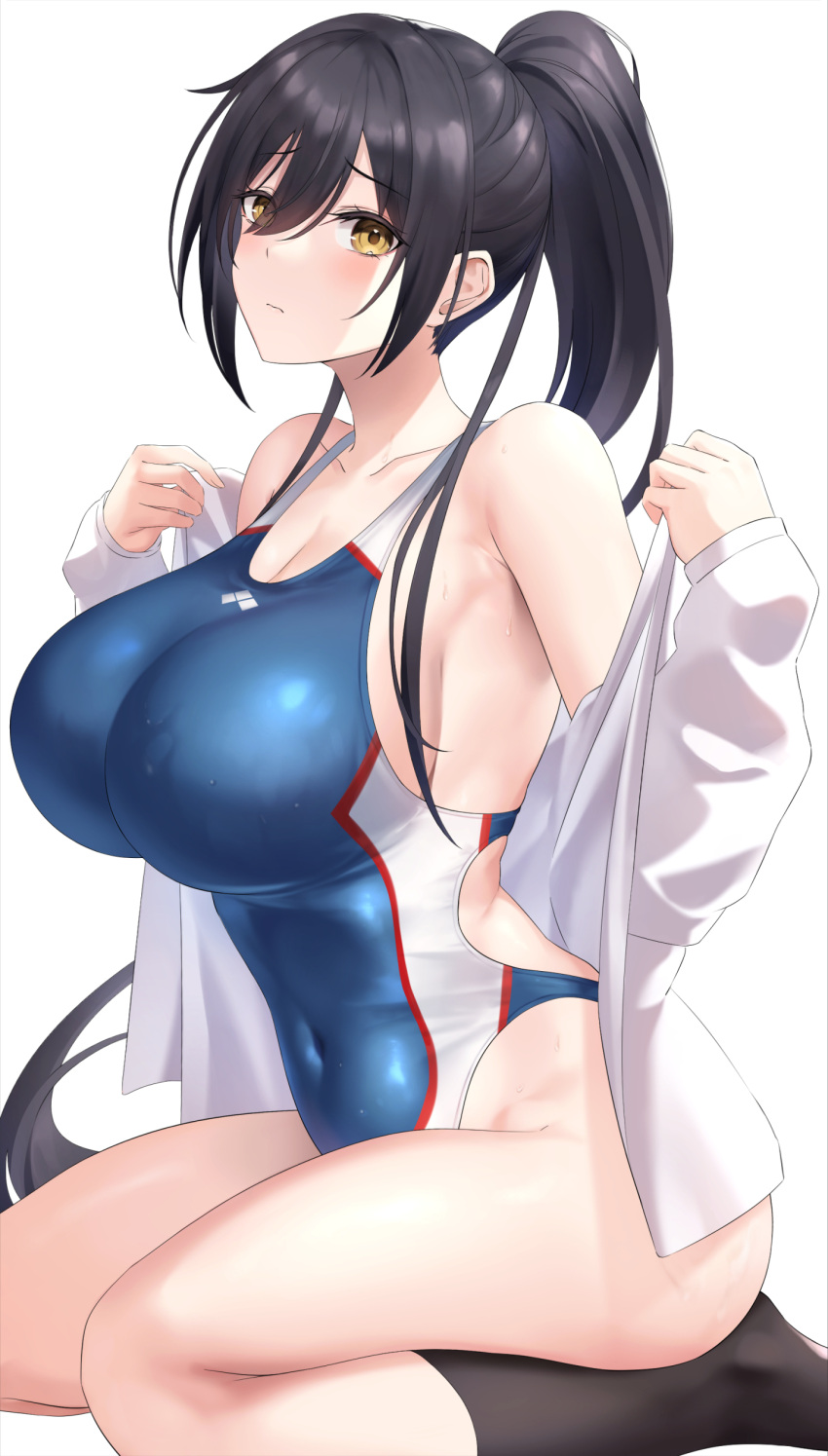 1girl absurdres black_hair black_socks blush breasts cleavage collarbone competition_swimsuit covered_navel highres idolmaster idolmaster_shiny_colors kneeling large_breasts long_hair looking_at_viewer one-piece_swimsuit open_clothes open_shirt ponytail sateridas shirase_sakuya shirt simple_background socks solo swimsuit very_long_hair white_shirt yellow_eyes
