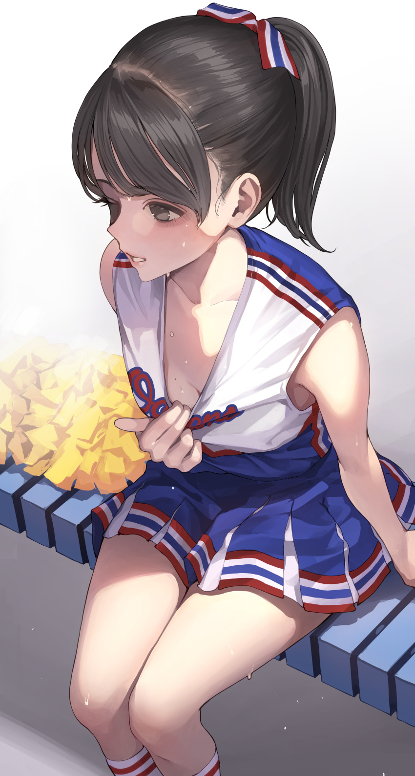 1girl absurdres blue_skirt breasts brown_eyes brown_hair cheerleader cleavage cleavage_reach commentary_request from_above highres koh_(minagi_kou) legs_together medium_breasts medium_hair miniskirt mole mole_on_breast open_mouth original pleated_skirt pom_pom_(cheerleading) ponytail shirt short_ponytail simple_background sitting skirt sleeveless sleeveless_shirt solo sweat thighs white_background