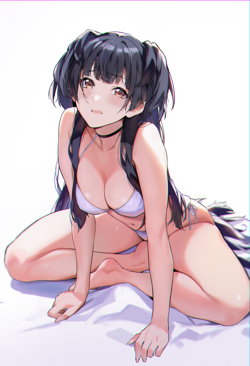 1girl absurdres bangs bare_shoulders bikini black_hair blush breasts brown_eyes choker cleavage collarbone highres idolmaster idolmaster_shiny_colors indian_style leaning_forward long_hair looking_at_viewer mayuzumi_fuyuko medium_breasts milin_(orange_maru) navel open_mouth simple_background sitting solo swimsuit two_side_up white_background white_bikini