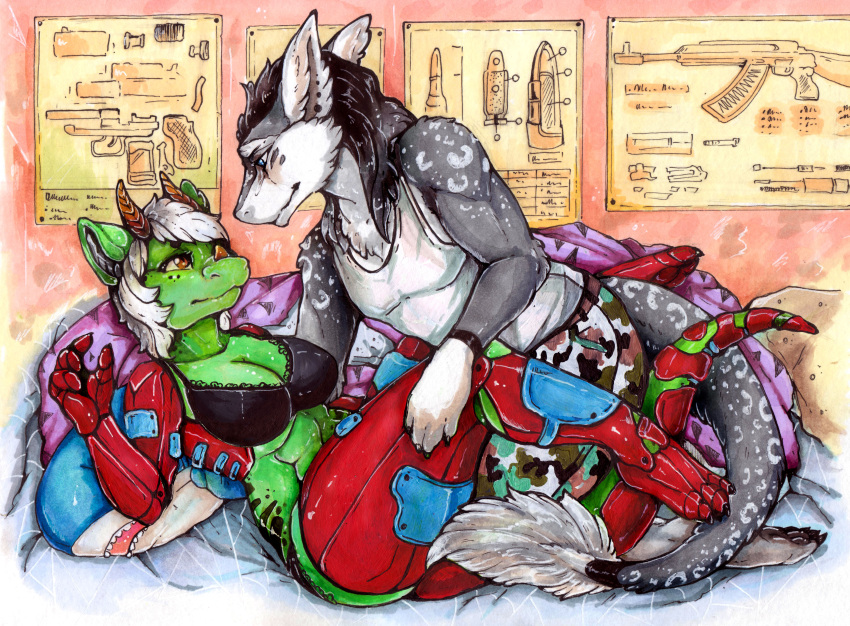 absurd_res armor bed big_breasts blue_formalin breasts clothed clothing davian_tul diana_digma dragon duo facial_horn female fur furniture green_body green_scales hi_res horn inside male painting scales scalie sergal toy weapon
