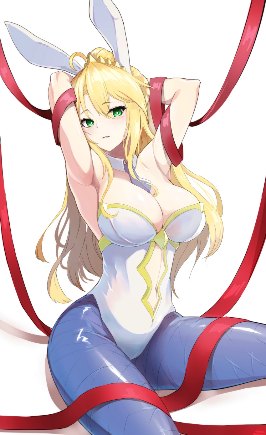 1girl ahoge armpits arms_behind_head arms_up artoria_pendragon_(fate) artoria_pendragon_(lancer)_(fate) bangs bare_arms bare_shoulders between_breasts blonde_hair blue_necktie blue_pantyhose breasts cleavage constricted_pupils detached_collar english_commentary fate/grand_order fate_(series) fishnet_pantyhose fishnets forehead green_eyes highres large_breasts leotard long_hair looking_at_viewer necktie necktie_between_breasts official_alternate_costume pantyhose parted_bangs parted_lips playboy_bunny red_ribbon ribbon shiny shiny_clothes solo spread_legs strapless strapless_leotard thighs white_leotard yuuge_ningen