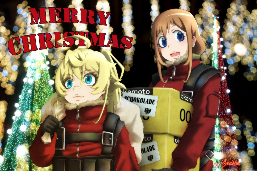 2girls ahoge bag blonde_hair blue_eyes blurry bokeh box brown_hair christmas depth_of_field genya_(genya67) highres holding holding_bag holding_box merry_christmas multiple_girls open_mouth saliva santa_costume standing tanya_degurechaff viktoriya_ivanovna_serebryakov youjo_senki zipper