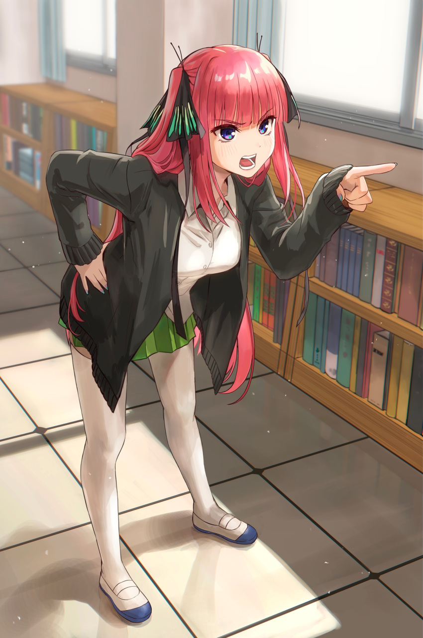 1girl absurdres bangs black_cardigan black_ribbon blue_eyes blunt_bangs blush book bookshelf butterfly_hair_ornament cardigan collared_shirt commentary_request full_body go-toubun_no_hanayome green_skirt hair_ornament hair_ribbon hand_on_hip highres indoors ishiyuki jacket long_hair nakano_nino open_cardigan open_clothes open_jacket open_mouth pink_hair pleated_skirt pointing pointing_to_the_side revision ribbon school_uniform shirt sidelocks skirt solo teeth thighhighs white_shirt white_thighhighs window