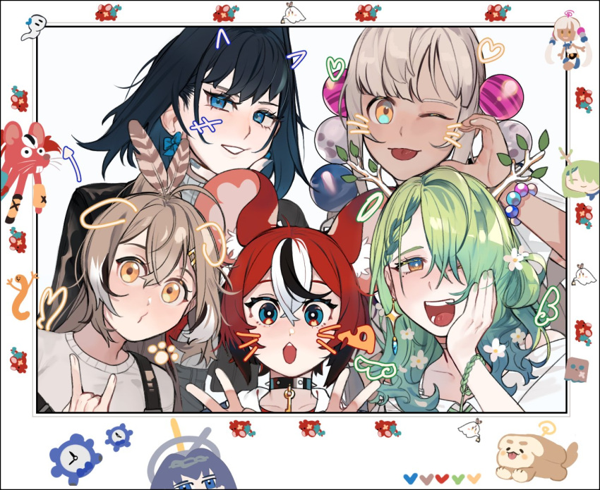 5girls ahoge animal_ears antlers bangs black_collar black_hair black_jacket blonde_hair blue_eyes blue_hair boomei_(nanashi_mumei) boros_(ouro_kronii) bow bow_earrings branch brown_eyes brown_hair casual cat_ears ceres_fauna collar dark-skinned_female dark_skin dog_ears double_v dress earrings eus_ing feather_hair_ornament feathers friend_(nanashi_mumei) green_hair grin hair_intakes hair_ornament hair_over_one_eye hairclip hakos_baelz hakos_baelz_(rat) heart holocouncil hololive hololive_english hood hoodie jacket jewelry kronie_(ouro_kronii) light_brown_hair limiter_(tsukumo_sana) long_hair looking_at_viewer mechanical_halo mole mole_under_eye mouse_ears mouse_girl mouse_tail mr._squeaks_(hakos_baelz) multicolored_hair multiple_girls nail_polish nanashi_mumei one_eye_closed ouro_kronii planet_hair_ornament ponytail purikura pursed_lips red_hair sanallite_(tsukumo_sana) shirt short_hair smile spiked_collar spikes streaked_hair sweater t-shirt tail tongue tongue_out tsukumo_sana turtleneck twintails v very_long_hair virtual_youtuber whiskers white_dress white_hair white_hoodie white_shirt white_sweater wide-eyed wings yatagarasu_(tsukumo_sana) yellow_eyes yukkuri_shiteitte_ne