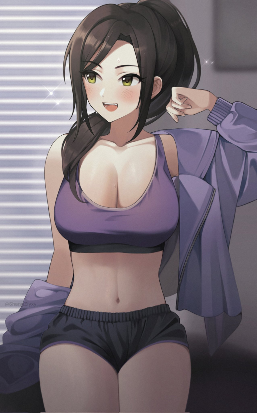 1girl :d arm_up bangs bare_shoulders black_shorts blinds breasts brown_hair cleavage collarbone cowboy_shot green_eyes hair_over_shoulder highres idolmaster idolmaster_cinderella_girls indoors jacket large_breasts legs_together long_hair long_sleeves looking_away midriff mukai_takumi navel off_shoulder open_clothes open_jacket open_mouth parted_bangs ponytail purple_jacket purple_sports_bra shangzi short_shorts shorts sidelocks sitting smile solo sparkle sports_bra stomach teeth thighs twitter_username upper_teeth