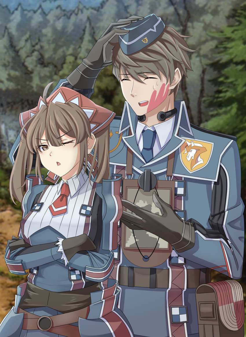 1boy 1girl absurdres alicia_melchiott brown_hair forest gloves headdress highres long_hair military military_uniform nature necktie senjou_no_valkyria_(series) senjou_no_valkyria_1 slap_mark slap_mark_on_face twintails tylergreen uniform welkin_gunther