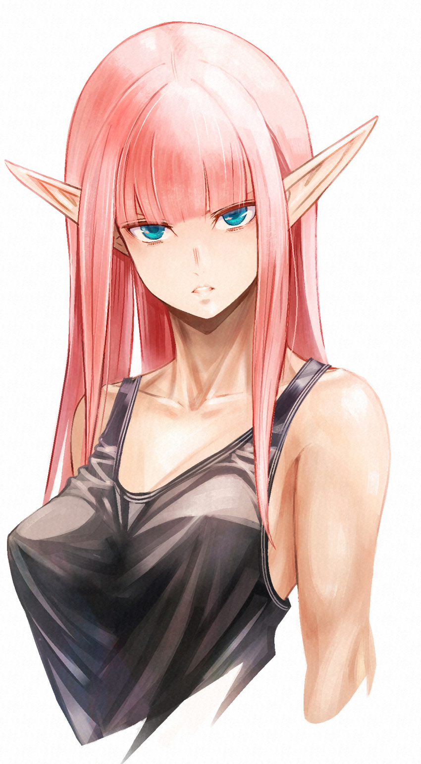 1girl bangs black_shirt blue_eyes blunt_bangs breasts cleavage collarbone covered_nipples cropped_arms cropped_torso highres long_hair medium_breasts original parted_lips pink_hair pointy_ears shirt simple_background sleeveless sleeveless_shirt solo straight_hair sushi_(sashimise) upper_body white_background