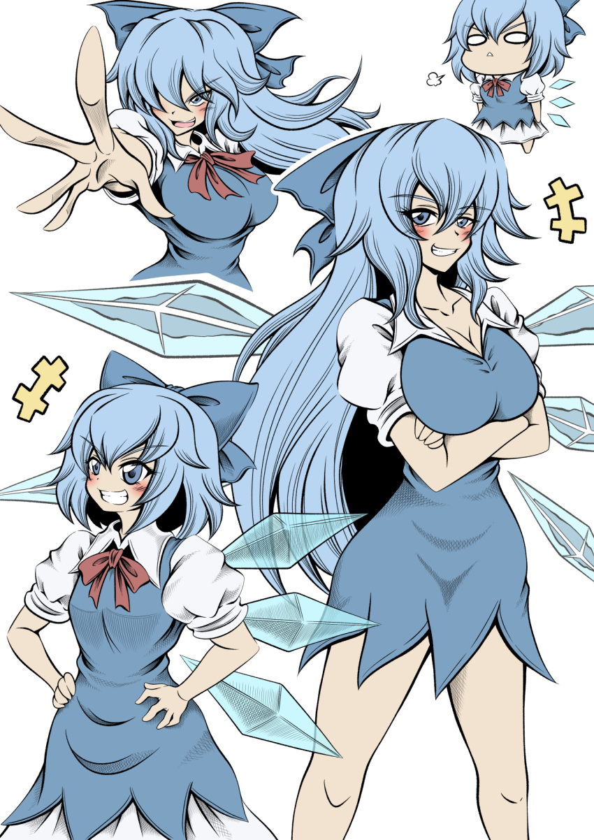 age_progression aged_up alternate_hair_length alternate_hairstyle blue_bow blue_dress blue_eyes blue_hair bow breasts cirno cleavage crossed_arms dress grin hair_bow hidefu_kitayan highres ice ice_wings large_breasts long_hair looking_at_viewer multiple_views short_hair short_sleeves simple_background smile touhou white_background wings