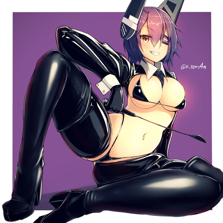 arm_support bandages boots breasts cleavage full_body headgear highres kantai_collection katsuten large_breasts looking_at_viewer meme_attire navel necktie purple_hair reverse_bunnysuit reverse_outfit simple_background smile tenryuu_(kancolle) thigh_boots whip yellow_eyes