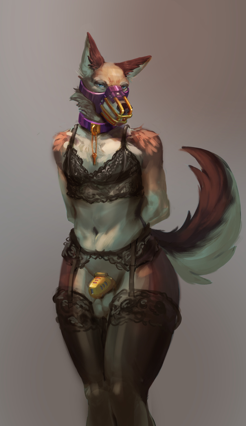 absurd_res ag-wolf anthro cage_muzzle canid canine canis chastity_cage chastity_device chilldog clothing collar domestic_dog hi_res lace lingerie male mammal muzzle_(disambiguation) solo wolf
