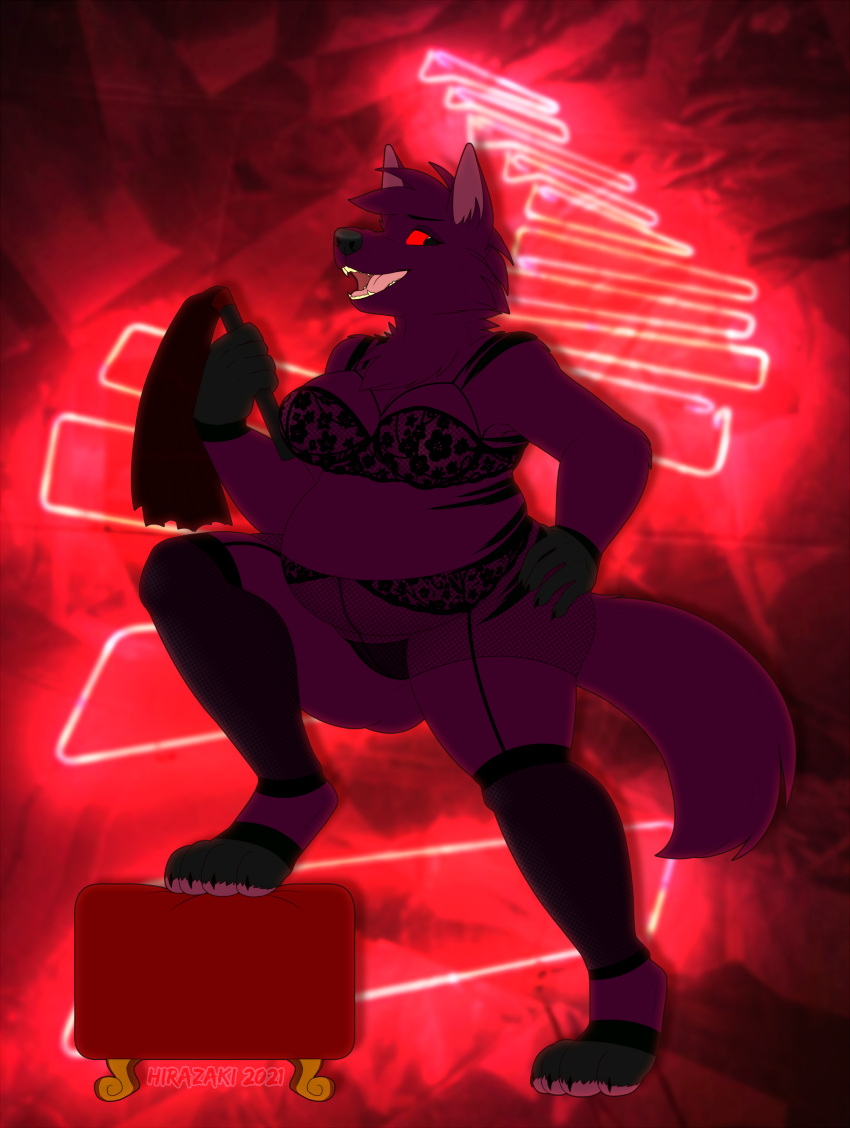 2021 absurd_res anthro canid canine canis clothing domestic_dog dominant dominant_female dominatrix female foot_stool garter_belt garter_straps german_shepherd herding_dog hi_res lingerie mammal overweight overweight_female pastoral_dog red_sclera ryukawa solo whip