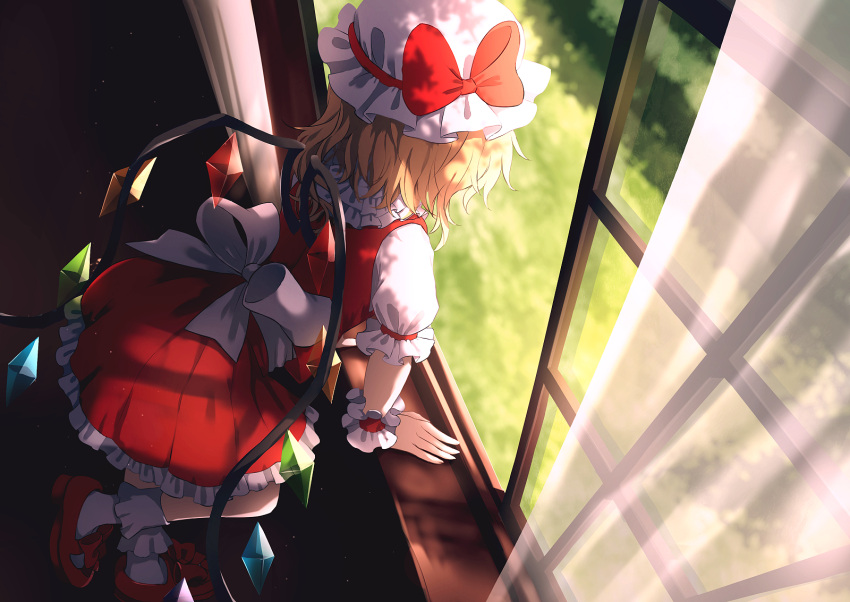 1girl arm_support back_bow blonde_hair bow commentary dise dress duplicate flandre_scarlet frilled_skirt frilled_sleeves frills full_body grass hat hat_bow highres indoors leaning leaning_forward looking_outside mob_cap open_window pixel-perfect_duplicate puffy_short_sleeves puffy_sleeves red_bow red_dress red_footwear red_skirt red_vest revision see-through shirt short_hair short_sleeves skirt skirt_set socks solo standing standing_on_one_leg touhou vest white_bow white_curtains white_headwear white_shirt white_sleeves white_socks white_wrist_cuffs window windowsill wings wrist_cuffs