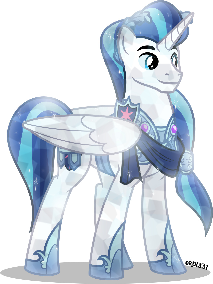 absurd_res alpha_channel alternate_species armor blue_eyes blue_hair crystal_pony_(mlp) equid equine friendship_is_magic hair hi_res horn horseshoe male mammal multicolored_hair my_little_pony orin331 shining_armor_(mlp) sparkles vector winged_unicorn wings