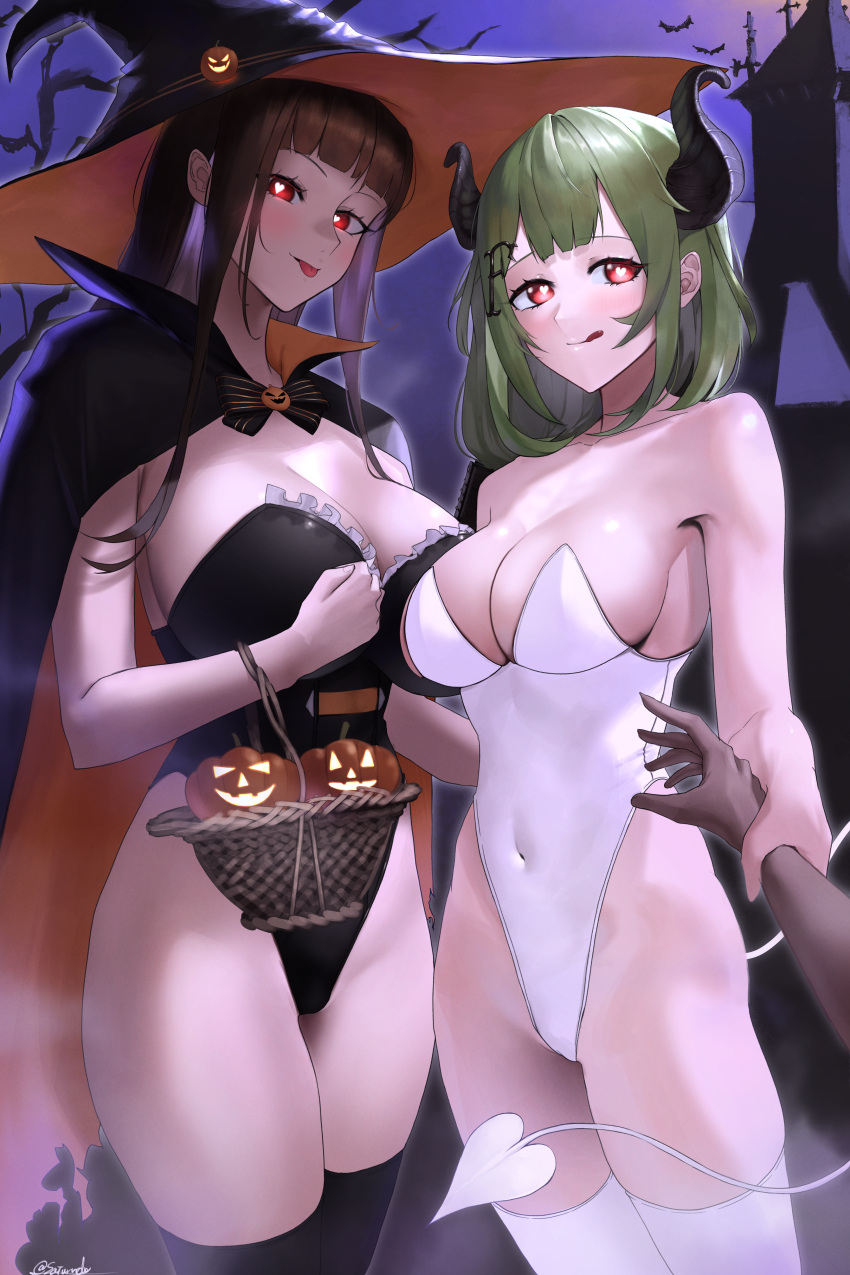 2girls absurdres alternate_costume animal arm_grab bangs bat_(animal) black_bow black_bowtie black_cape black_leotard black_thighhighs blunt_bangs bow bowtie breasts brown_hair cape cleavage closed_mouth commentary_request covered_navel demon_girl demon_horns demon_tail dsr-50_(girls'_frontline) frilled_leotard frills girls'_frontline green_eyes hair_ornament halloween hat heart heart-shaped_pupils highleg highleg_leotard highres horns large_breasts legs_together leotard long_hair looking_at_viewer medium_breasts medium_hair mk48_(girls'_frontline) multiple_girls night orange_cape pumpkin red_eyes saturndxy stab standing straight_hair strapless strapless_leotard symbol-shaped_pupils tail thighhighs tongue tongue_out two-tone_cape white_leotard white_thighhighs witch_hat