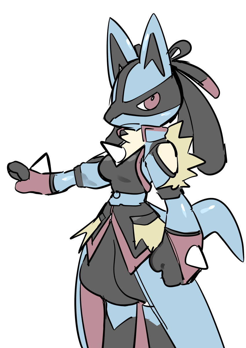 absurd_res anthro anthrofied black_body black_fur blue_body blue_fur breasts canid canine clothing cosplay cynthia_(pok&eacute;mon) female fur generation_4_pokemon hi_res lucario mammal nintendo pok&eacute;mon_masters pokemon pokemon_(species) pokemon_champion pokemorph pose red_eyes simple_background sketch solo standing uyu video_games white_background yellow_body yellow_fur