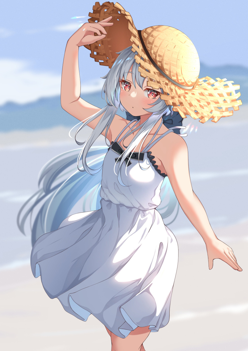 1girl absurdres arm_up azur_lane bangs bare_arms bare_shoulders black_bow blurry blurry_background bow brown_headwear closed_mouth collarbone commentary_request depth_of_field dress feet_out_of_frame frilled_dress frills grey_hair hair_between_eyes hat highres long_hair looking_at_viewer moyoron red_eyes sleeveless sleeveless_dress solo standing straw_hat sundress very_long_hair white_dress z46_(azur_lane)