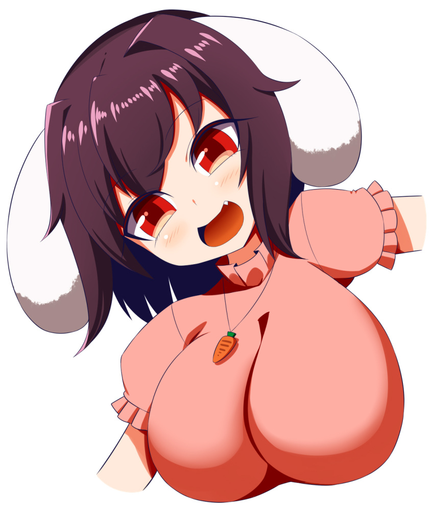 1girl alternate_breast_size animal_ears black_hair breasts carrot_necklace dress floppy_ears frilled_sleeves frills highres inaba_tewi jewelry necklace oppai_loli pink_dress puffy_short_sleeves puffy_sleeves rabbit_ears rabbit_girl red_eyes ribbon-trimmed_dress short_hair short_sleeves solo touhou wavy_hair xialu_zajin