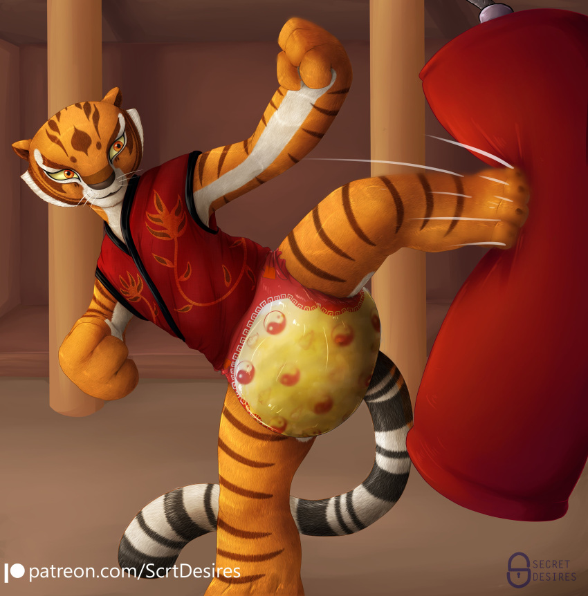 absurd_res anthro bodily_fluids claws countershading diaper dojo dreamworks english_text felid female fists_clenched genital_fluids hi_res kick kung_fu_panda mammal master_tigress one_leg_up pantherine patreon punching_bag raised_leg secret_desires solo spread_legs spreading text tiger training urine url watermark wet_diaper wetting whiskers