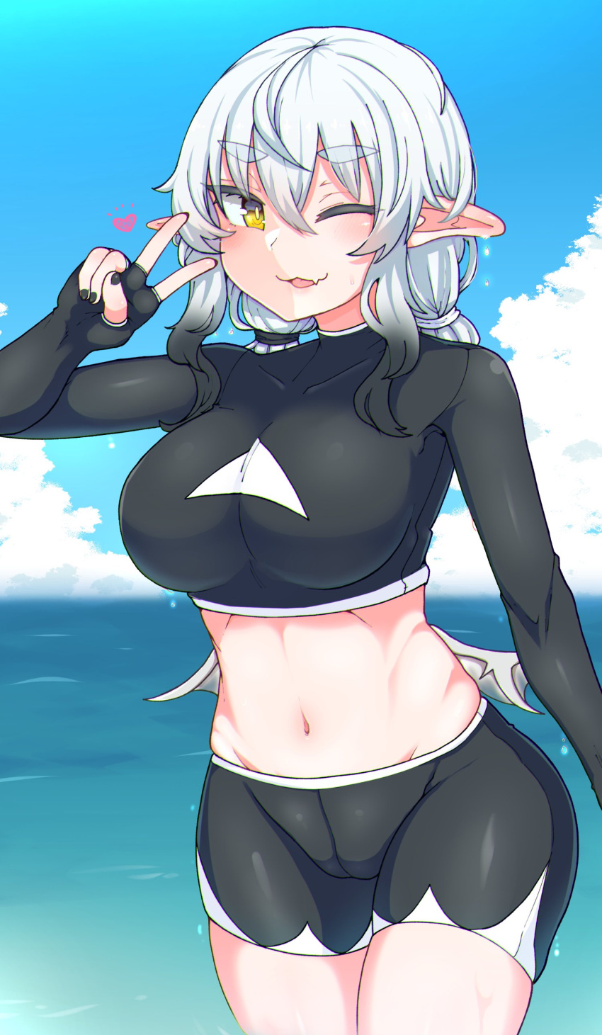 1girl absurdres bangs black_nails blue_sky breasts cloud commentary_request covered_collarbone cowboy_shot day grey_hair grey_wings groin hair_between_eyes hand_up highres horizon long_hair looking_at_viewer low_twintails low_wings medium_breasts nail_polish navel negationtenmaru ocean one_eye_closed original outdoors parted_lips pointy_ears short_eyebrows sky solo thick_eyebrows twintails v water wings yellow_eyes