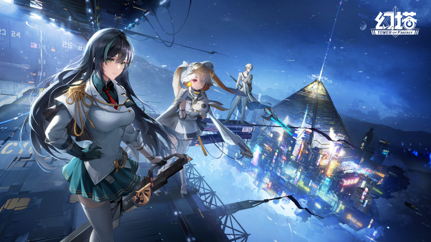 1boy 2girls aiguillette artist_request black_hair breasts cape city_lights cityscape dress epaulettes eyepatch gloves green_eyes green_skirt hand_on_hip highres holding holding_polearm holding_weapon hood huge_weapon large_breasts lin_(tower_of_fantasy) long_hair looking_at_viewer miniskirt multicolored_hair multiple_girls night official_art outdoors pleated_skirt polearm pyramid red_eyes ruby_(tower_of_fantasy) shirt short_hair single_glove skirt standing streaked_hair thighhighs tian_lang_(tower_of_fantasy) tower_of_fantasy weapon white_dress white_hair white_shirt white_thighhighs zettai_ryouiki