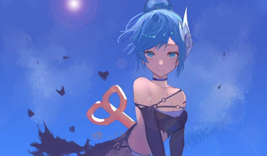 1girl absurdres bangs bare_shoulders blue_background blue_eyes blue_hair breasts cleavage closed_mouth collarbone day elbow_gloves gloves hair_ornament highres large_breasts league_of_legends orianna_(league_of_legends) short_hair smile solo star_guardian_orianna sun susie_(mjzu5828) torn_clothes translation_request upper_body