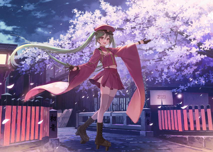 1girl aqua_hair architecture bangs blush boots branch bridge brown_footwear building cherry_blossoms cloud cross-laced_footwear east_asian_architecture falling_petals floating_hair flower formal fukahire_(ruinon) full_body gloves half_gloves hat hatsune_miku highres house japanese_clothes lace-up_boots long_hair long_sleeves looking_at_viewer meiji_schoolgirl_uniform miniskirt night night_sky open_mouth outdoors outstretched_arm outstretched_arms petals pink_flower pleated_skirt railing red_eyes red_headwear scenery senbon-zakura_(vocaloid) skirt sky solo standing suit thighhighs tree twintails very_long_hair vocaloid walking wide_sleeves zettai_ryouiki