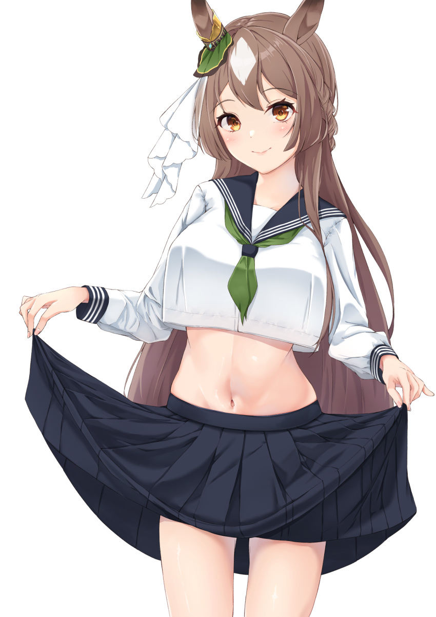 1girl animal_ears black_sailor_collar black_skirt breasts brown_eyes brown_hair closed_mouth commentary_request crop_top crop_top_overhang green_neckerchief highres horse_ears large_breasts long_hair long_sleeves looking_at_viewer midriff multicolored_hair navel neckerchief pleated_skirt sailor_collar sashimi_nasu satono_diamond_(umamusume) school_uniform serafuku shirt simple_background skirt skirt_hold sleeves_past_wrists smile solo standing two-tone_hair umamusume very_long_hair white_background white_hair white_shirt