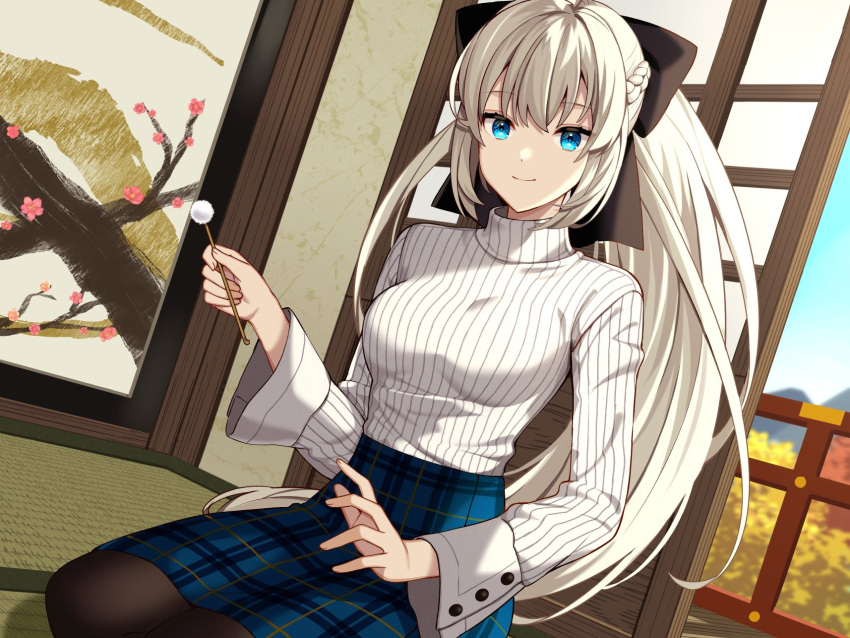 1girl black_bow blue_eyes blush bow braid breasts contemporary fate/grand_order fate_(series) french_braid grey_hair highres indoors lap_pillow_invitation looking_at_viewer mimikaki morgan_le_fay_(fate) patting patting_lap seiza sitting smile solo tatami tila_276