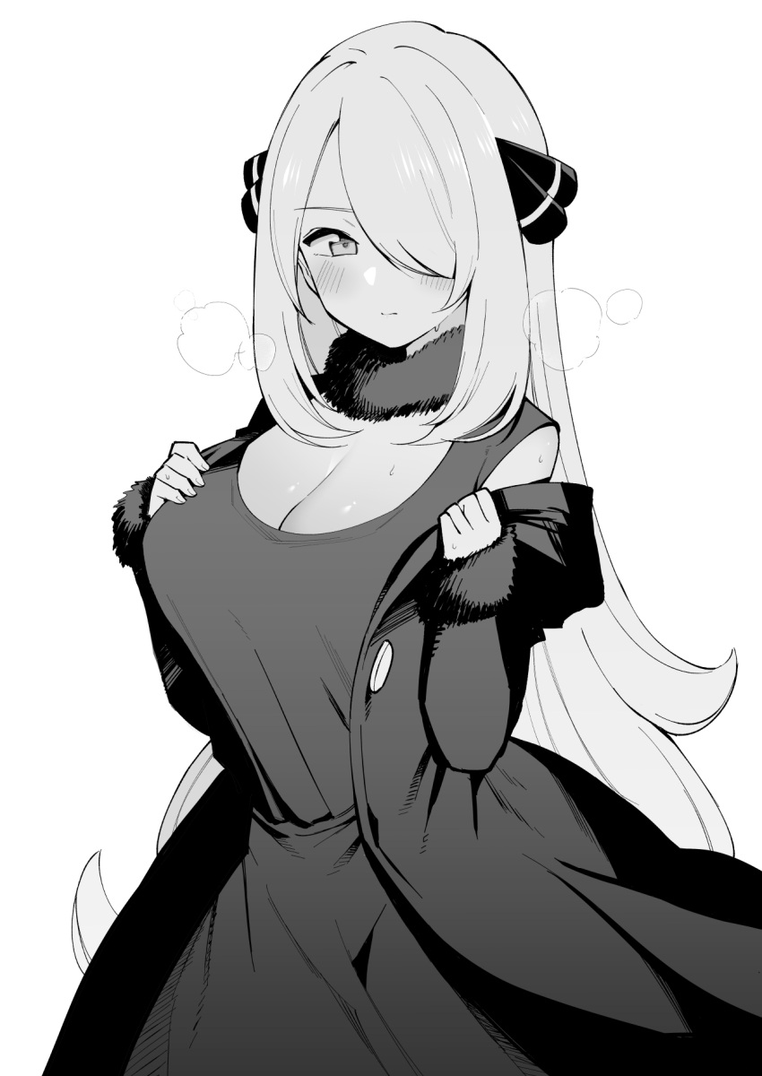 1girl blush breasts cleavage commentary_request cynthia_(pokemon) dress fur-trimmed_collar greyscale hair_over_one_eye heavy_breathing highres jacket large_breasts long_hair looking_at_viewer miya9 monochrome pokemon pokemon_(game) pokemon_dppt solo sweat