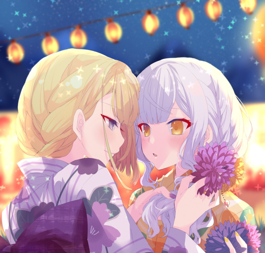 2girls adjusting_another's_hair assault_lily back_bow bangs blonde_hair blunt_bangs blurry blurry_background blush bow braid braided_ponytail commentary face-to-face festival fingernails floral_print flower hair_flower hair_ornament hair_over_shoulder hairdressing half-closed_eyes hand_up hands_up highres holding holding_another's_hair holding_flower holding_hair_ornament japanese_clothes jewelry kimono kon_kanaho lantern long_hair long_sleeves looking_at_another miyagawa_takane multiple_girls nail_polish nari_(mokemokenari) night official_alternate_costume official_alternate_hairstyle outdoors paper_lantern parted_lips pink_flower print_kimono profile purple_bow purple_eyes purple_flower purple_kimono purple_nails ring short_hair side_ponytail single_braid smile sparkle summer_festival upper_body wide_sleeves yellow_eyes yellow_flower yellow_kimono yellow_nails yukata yuri