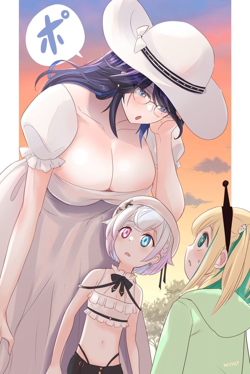 3girls amano_pikamee amemiya_nazuna black_shorts blonde_hair blue_eyes blue_hair breasts cleavage commentary cosplay dress english_commentary frilled_shirt frills glasses green_eyes green_hair hasshaku-sama hasshaku-sama_(cosplay) hat heterochromia highres kivo kson large_breasts looking_at_another looking_down mole mole_under_eye multicolored_hair multiple_girls navel open_mouth pink_eyes purple_hair shirt short_shorts shorts small_breasts streaked_hair sweater unbuttoned unbuttoned_shorts virtual_youtuber voms vshojo white_dress white_hair white_headwear white_shirt white_sweater