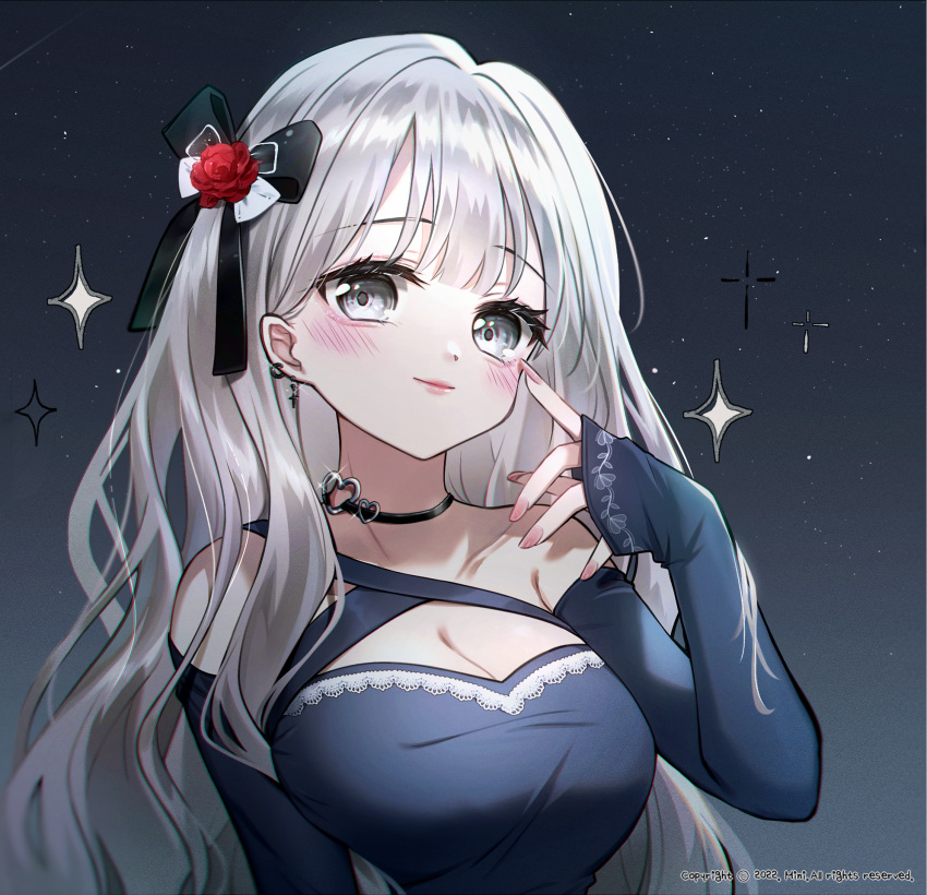 1girl bangs black_bow blue_dress blue_sleeves blush bow breasts cleavage closed_mouth collarbone commission danby_merong detached_sleeves dress flower grey_eyes grey_hair hair_bow hair_flower hair_ornament hand_up highres long_hair long_sleeves medium_breasts night night_sky original red_flower red_rose rose single_strap sky sleeves_past_wrists smile solo sparkle star_(sky) starry_sky