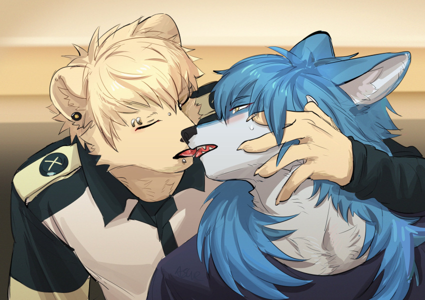 absurd_res anthro anthrofied aoba_seragaki asure_f blush bodily_fluids canid canine canis domestic_cat dramatical_murder ear_piercing ear_ring eyebrow_piercing eyes_closed facial_piercing felid feline felis hair hi_res human kissing lip_piercing long_hair male male/male mammal noiz_(dmmd) piercing ring_piercing sweat wolf