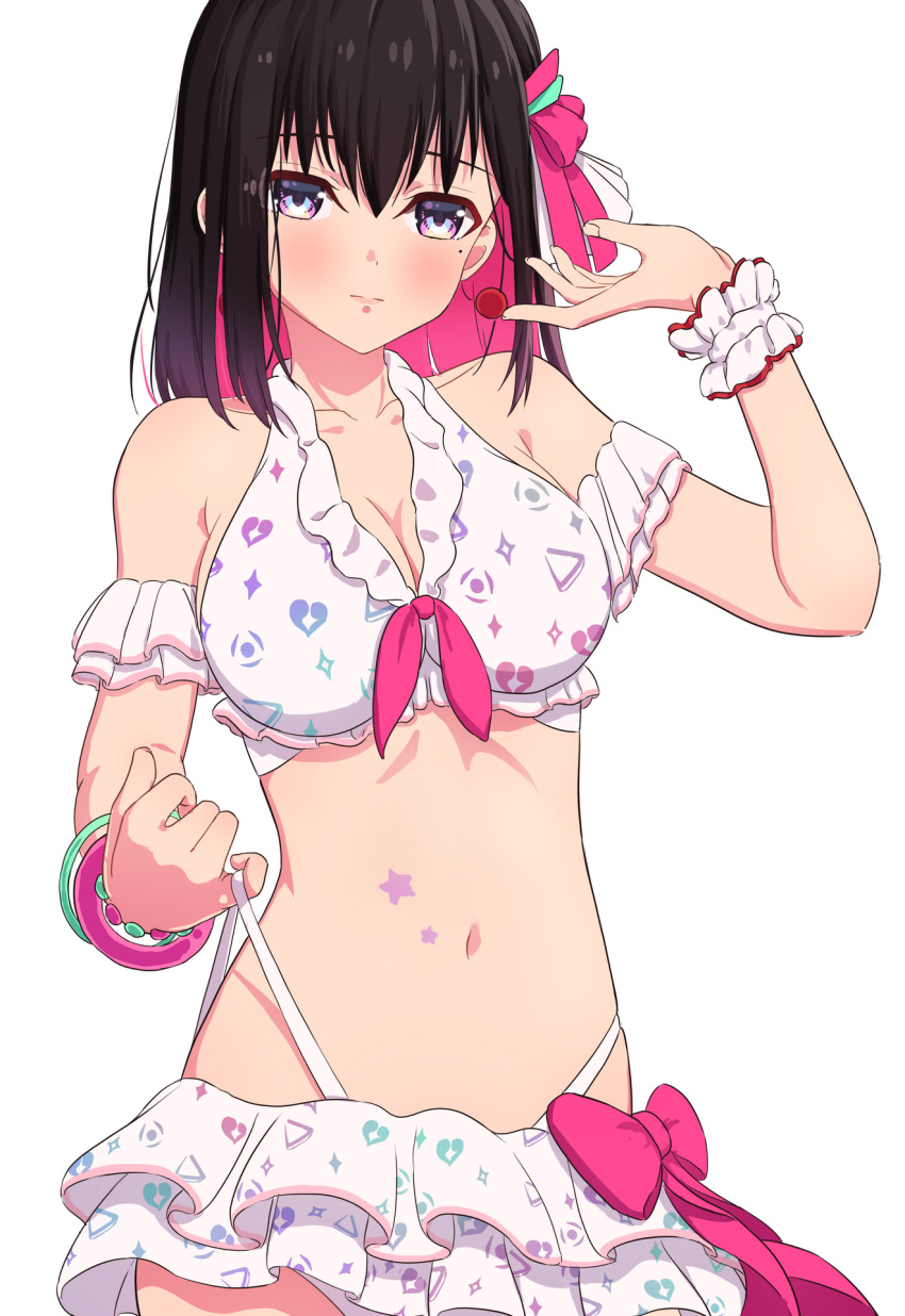 1girl arm_up azki_(hololive) bangle bangs bikini_skirt blush bracelet breasts cleavage collarbone diamond_(shape) earrings frilled_skirt frills hair_between_eyes hair_ornament halterneck heart heart_print highres hololive jewelry loeldrive medium_breasts medium_hair mole mole_under_eye multicolored_eyes multicolored_hair navel pink_ribbon pulled_by_self ribbon simple_background single_wrist_cuff skirt solo strap_pull swimsuit triangle_print two-tone_hair virtual_youtuber white_background white_skirt wrist_cuffs