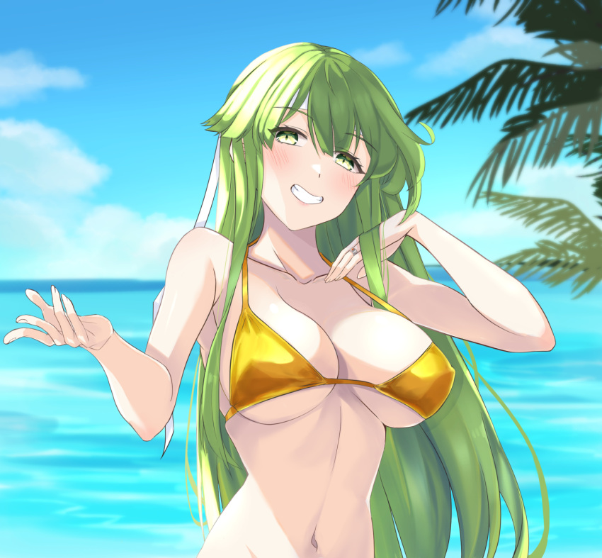 1girl bangs bare_arms bare_shoulders bikini blue_sky blush breasts chuu_(rinet) cloud collarbone commentary_request day fire_emblem fire_emblem:_shadow_dragon_and_the_blade_of_light green_eyes green_hair grin hands_up highres jewelry large_breasts long_hair looking_at_viewer navel ocean outdoors palla_(fire_emblem) ring sky smile solo stomach swimsuit upper_body very_long_hair water yellow_bikini