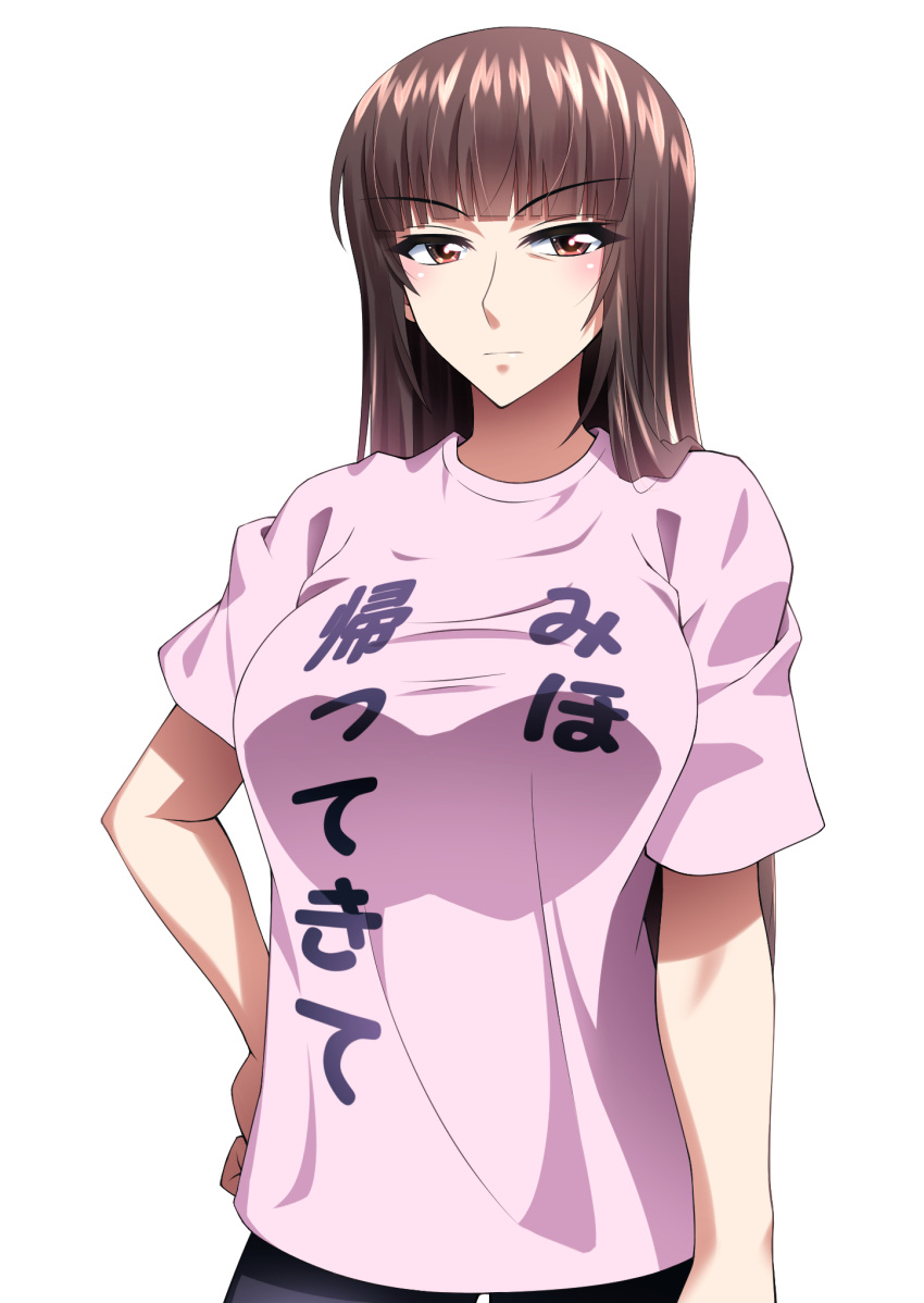 1girl bangs black_pants blunt_bangs brown_eyes brown_hair casual closed_mouth clothes_writing commentary girls_und_panzer half-closed_eyes hand_on_hip highres hime_cut light_frown long_hair looking_at_viewer mature_female miraino_tsubasa nishizumi_shiho pants purple_shirt shirt short_sleeves simple_background standing straight_hair t-shirt translated white_background