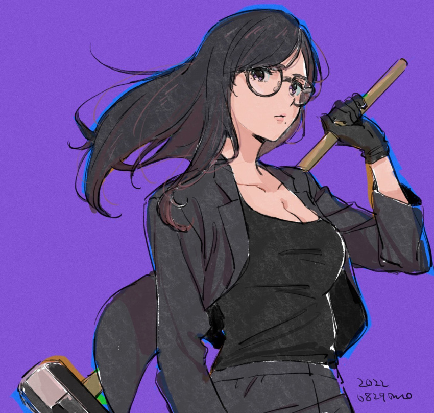 black_gloves black_hair black_shirt black_vest glasses gloves hair_ornament hairclip hammer highres holding holding_hammer holding_weapon imo_(suruga) long_hair minakata_hizuru mole mole_under_mouth purple_background purple_eyes shirt summertime_render vest weapon