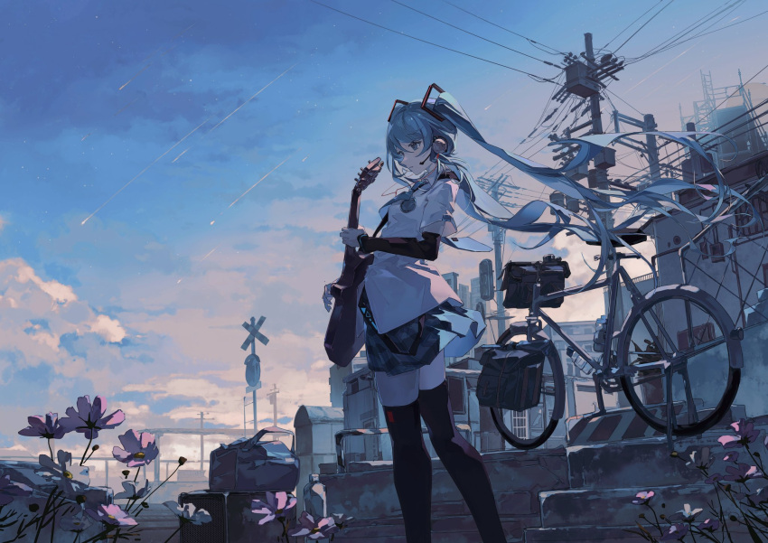1girl acoustic_guitar aqua_hair arm_warmers bag bangs bicycle black_thighhighs blue_sky building cloud commentary_request falling_star feet_out_of_frame flower gradient_sky grey_sky ground_vehicle guitar hatsune_miku headset highres holding holding_instrument instrument long_hair mechari miniskirt outdoors parted_lips pink_flower railroad_signal scenery shirt short_sleeves skirt sky solo star_(sky) starry_sky thighhighs twintails utility_pole very_long_hair vocaloid white_shirt