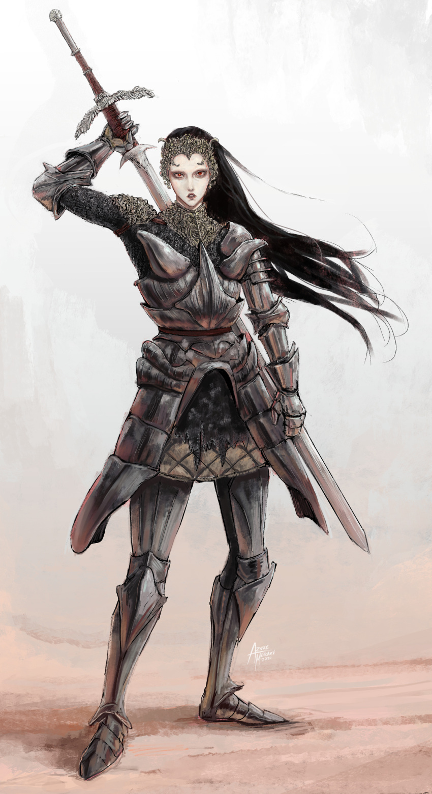 1girl absurdres armor azure_meraki black_hair breastplate chainmail contrapposto dated fighting_stance floating_hair full_body gambeson hand_up highres holding holding_sword holding_weapon long_hair looking_at_viewer metal_boots original ornate_armor parted_lips red_eyes sanpaku signature solo standing sword two-handed_sword weapon zweihander