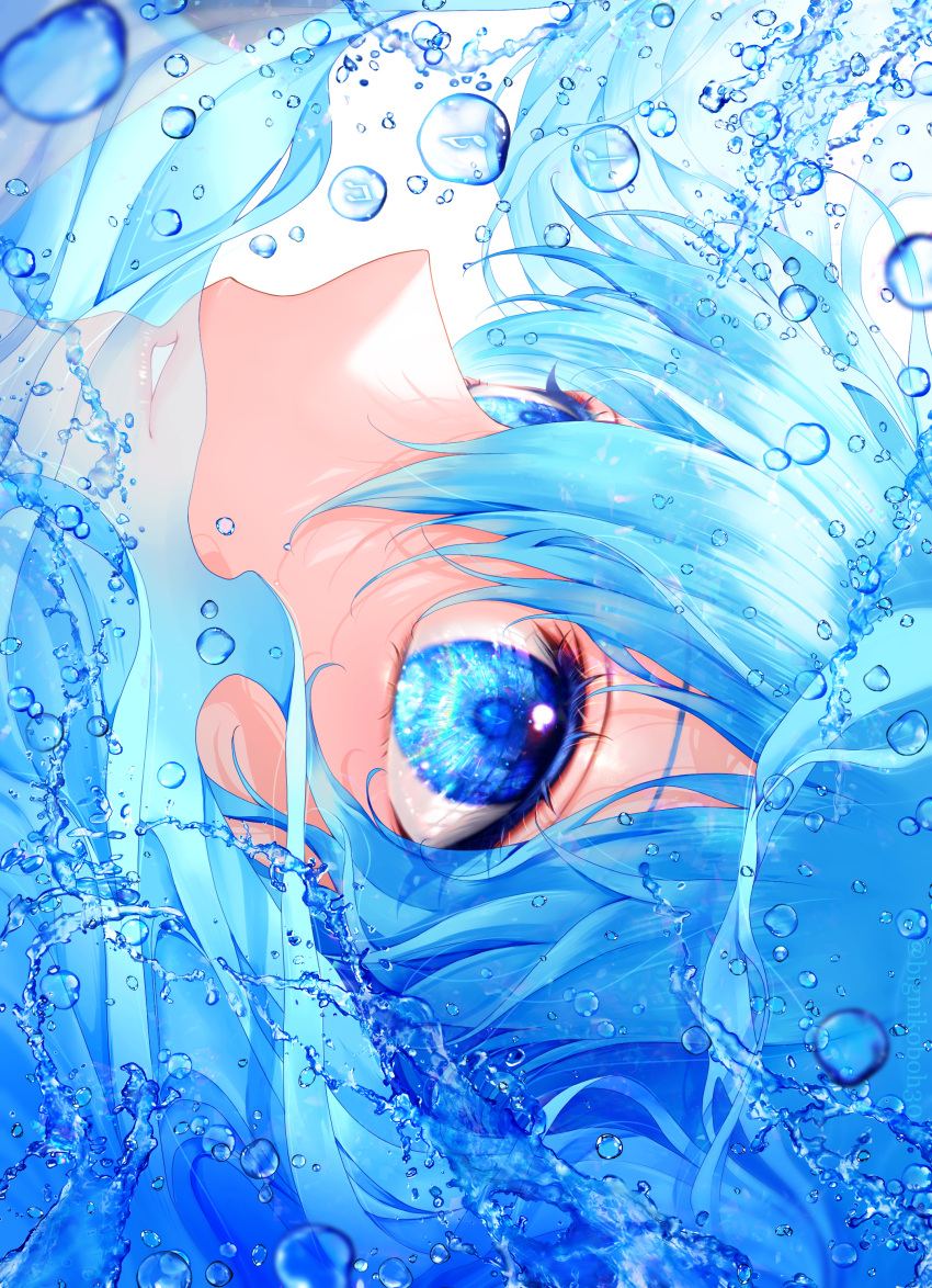 1girl absurdres blue_hair close-up colored_eyelashes eyelashes from_side hatsune_miku highres parted_lips portrait profile simple_background smile solo vocaloid water white_background yuuno_(yukioka)