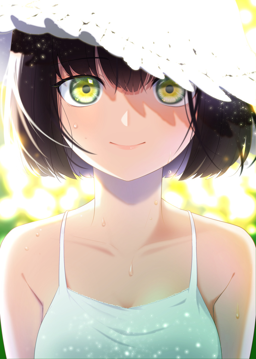 1girl absurdres artist_name bangs black_hair breasts cleavage closed_mouth collarbone commentary_request dress green_eyes hat highres holding original rai_miruku shadow short_hair sleeveless sleeveless_dress smile solo sun_hat sweat twitter_username upper_body watermark white_dress