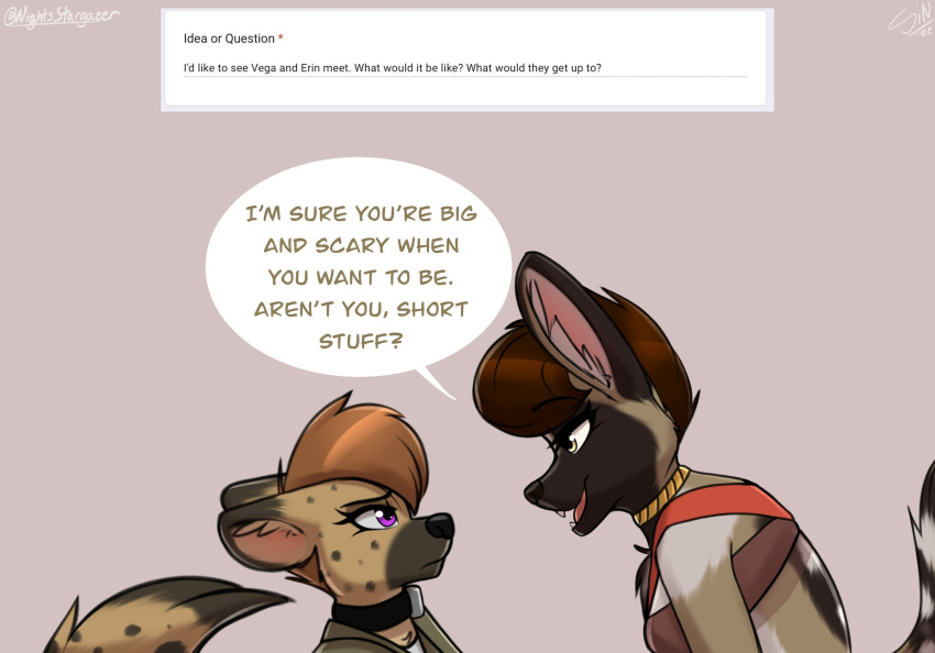 anthro canid canine clothed clothing collar dialogue digital_media_(artwork) english_text erin_(stargazer) female fur hair hi_res hyaenid looking_at_another mammal open_mouth shirt simple_background smile speech_bubble spotted_hyena standing stargazer text topwear vega_(stargazer)