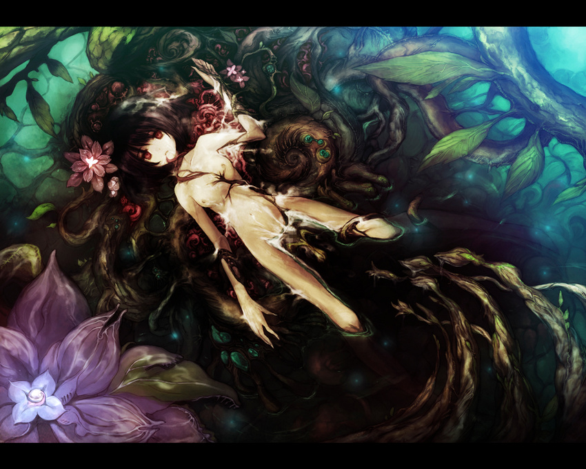 black_hair breasts censored chitose_rin cum empty_eyes fairy flower from_above letterboxed nipples nude original rape red_eyes roots short_hair small_breasts solo tentacles tree