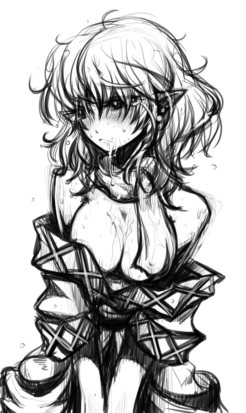bad_id bad_pixiv_id bare_shoulders blush breasts cum cum_in_mouth cum_on_body cum_on_breasts cum_on_upper_body cumdrip greyscale highres ichi_(ichikai) large_breasts looking_away mizuhashi_parsee monochrome pointy_ears scarf solo tears touhou