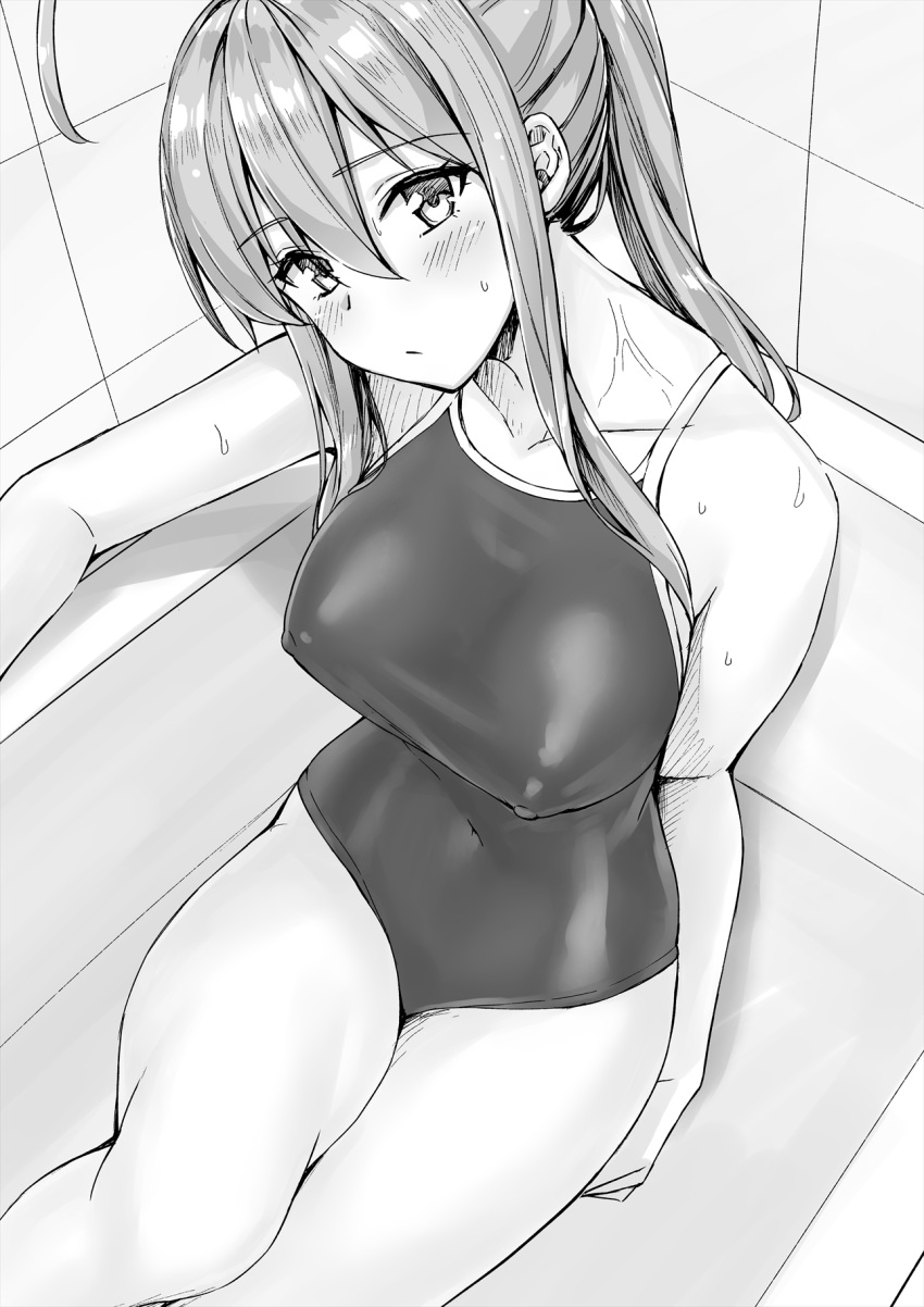 1girl ahoge bathtub blush breasts collarbone covered_nipples feet_out_of_frame from_above head_tilt highres kotatsu_(kotatsu358) large_breasts long_hair looking_at_viewer monochrome neet_de_otaku_na_kunoichi_to_naze_ka_dousei_hajimemashita original ponytail school_swimsuit shizuri_(neet_de_otaku_na_kunoichi_to_naze_ka_dousei_hajimemashita) sidelocks sitting solo swimsuit tile_wall tiles wet